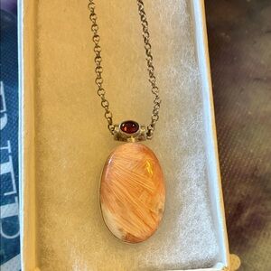 Gorgeous Vintage Sterling Silver Necklace with Orange Stone and Garnet Pendant